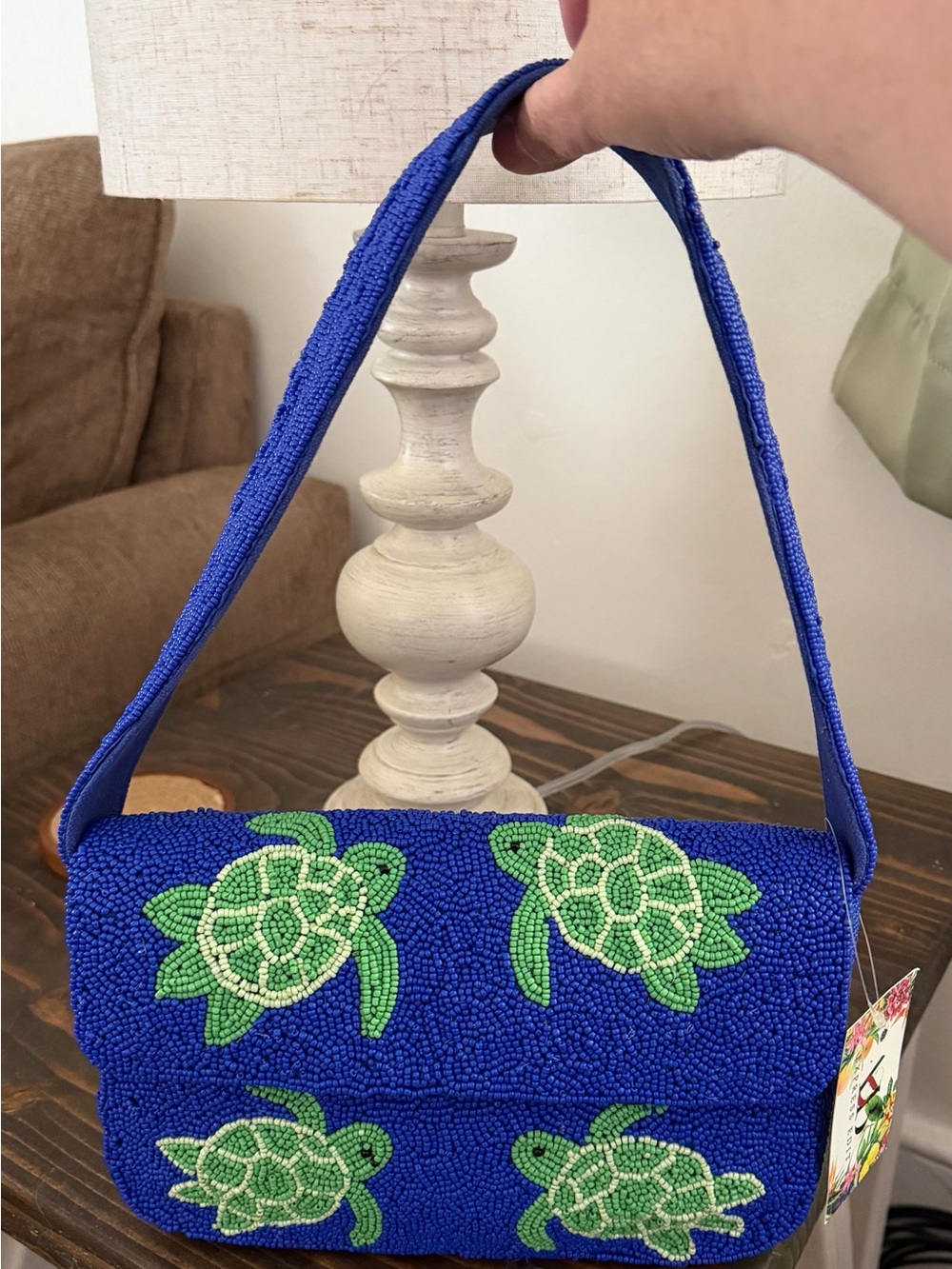 Hand-Beaded Blue Shoulder Bag with Green Turtle Design